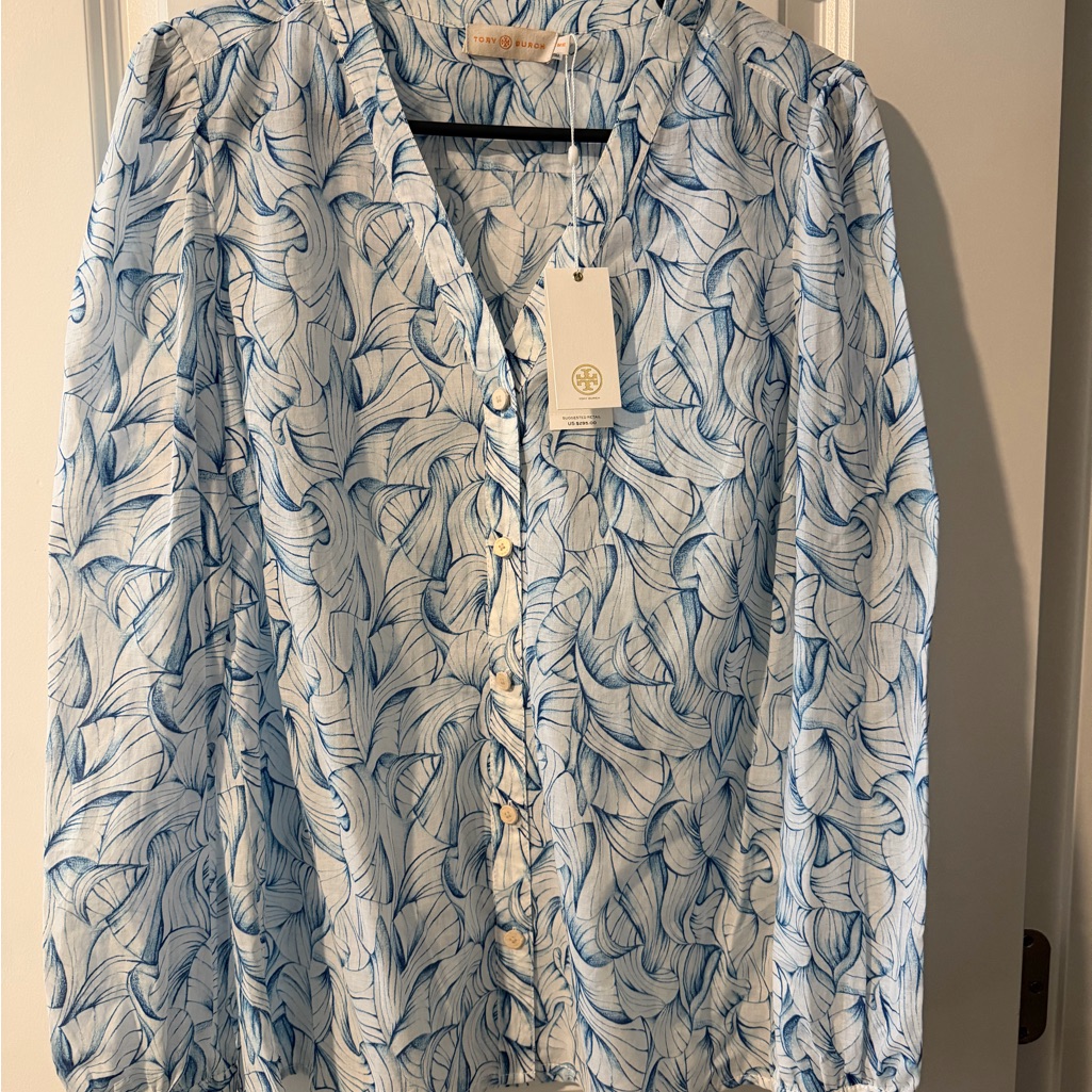 Tory Burch Blue And White Leaf Pattern Blouse